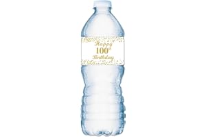 ROKAPARY 100th Birthday Water Bottle Labels; Set of 25 Waterproof Water Bottle Wrappers; Gold and White. Happy Birthday Labels