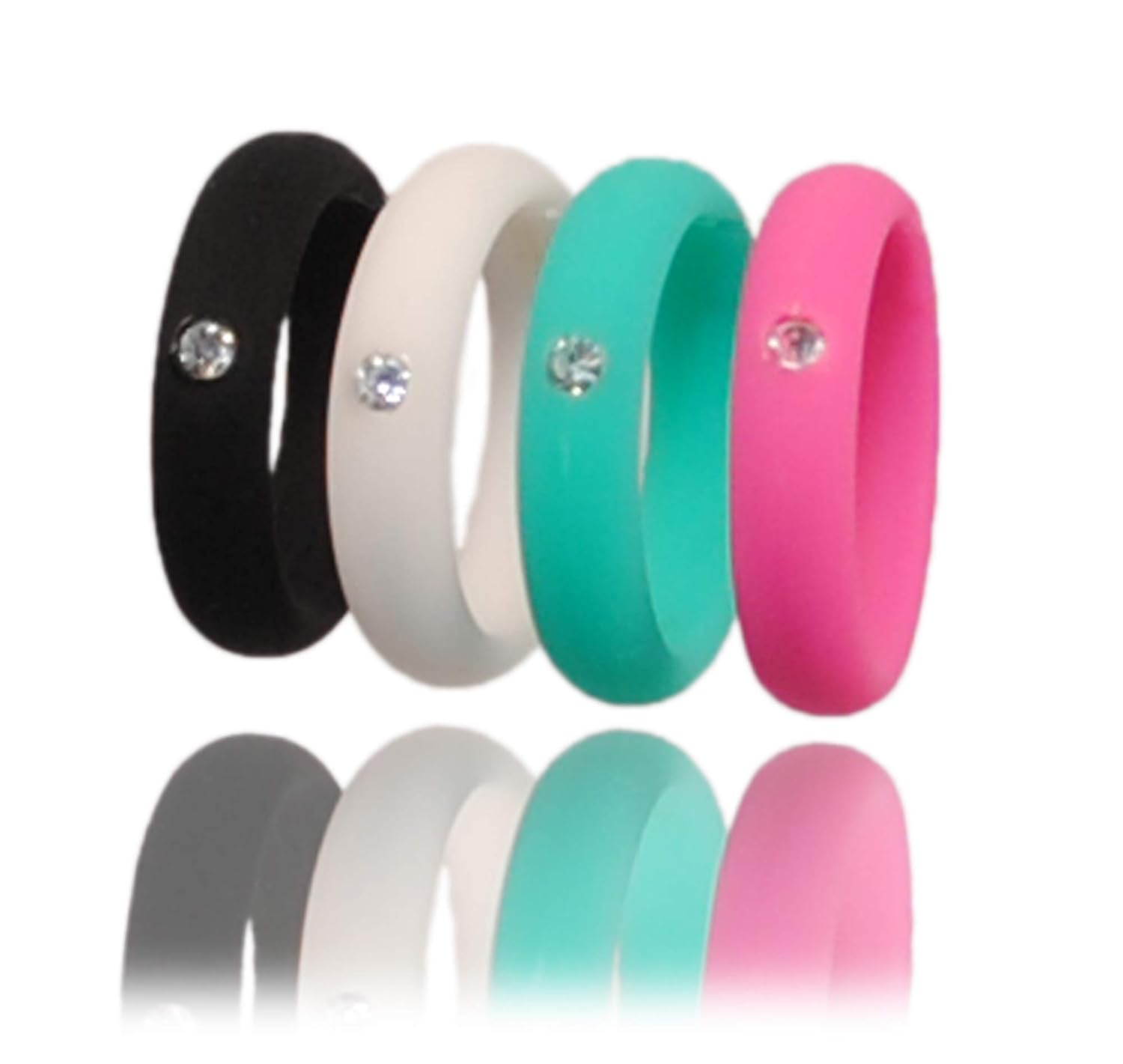 Silicone Wedding Ring with Rhinestone for Women Rubber Wedding Bands with Rhinestone Silicone Engagement Ring. Comfortable Fit 4 Pack Rings Black White Aqua. Anillo de boda de silicona para las