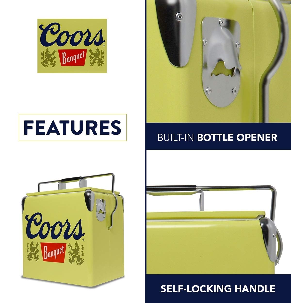 Koolatron Coors Banquet Retro Ice Chest Cooler with Bottle Opener 13L (14 qt), 18 Can Capacity, Yellow and Silver, Vintage Style Ice Bucket for Camping, Beach, Picnic, RV, BBQs, Tailgating, Fishing