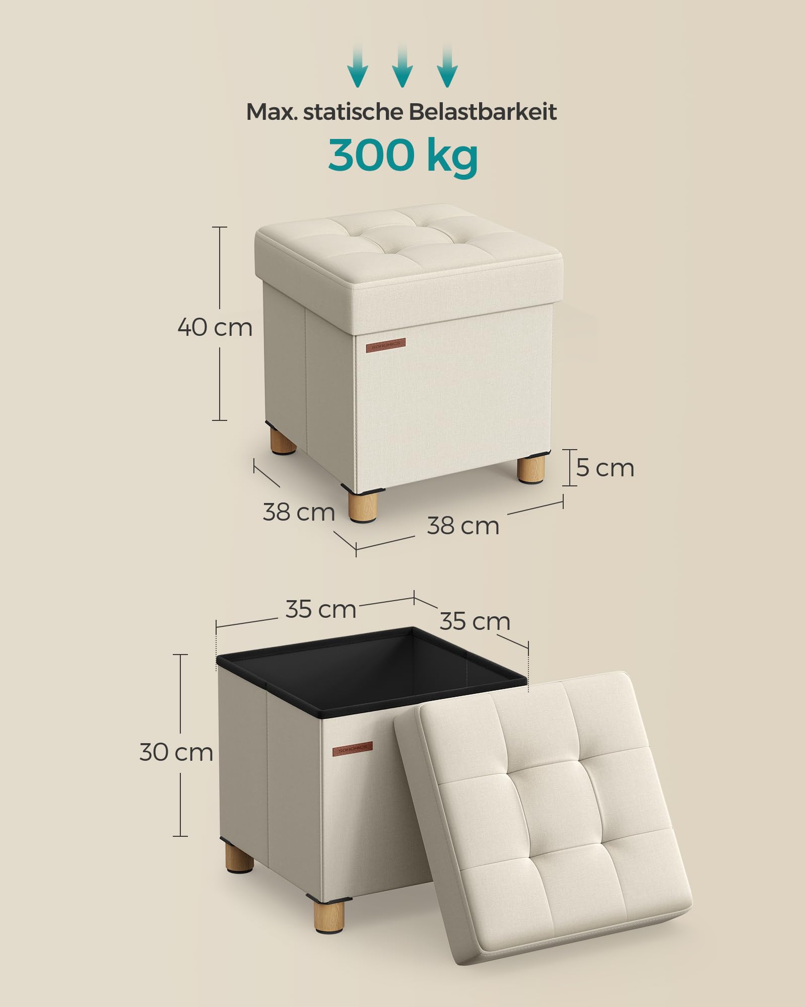 SONGMICS Sitzhocker mit Stauraum, kleine klappbare Sitzbank, 38 x 38 cm Fußbank, Aufbewahrungsbox, bis 300 kg belastbar, für Wohnzimmer Schlafzimmer Schlafsaal, cremeweiß LSF014W11 3