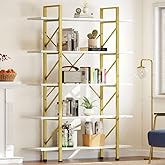 DWVO 5 Tier Gold Bookshelf, 70.9" Tall Book Shelf and Bookcase, Vintage Large Open Storage Rack Shelves for Living Room/Bedroom/Home/Office, Gold & White