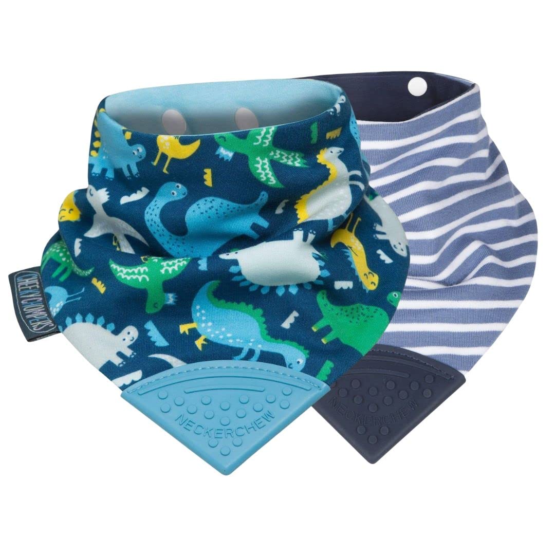 Cheeky Chompers Baby Bibs with Teether | 2 months+ Teething Bibs, Toddler Bibs | Reversible Dribble Bib & Baby Teether | Multi-Award Winning Neckerchew (Dino & Stripes, 2 Pack) — image 1