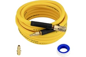 FETIONS Hybrid Air Hose 3/8" x 25 FT, Air Compressor Hose with 1/4'' Brass Male Fittings and Bend Restrictor, Air Hose with Quick Coupler and I/M Plug, 300PSI