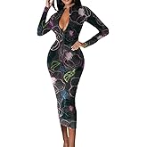 JerXox Women's Sexy Bodycon Midi Dress Long Sleeve Zipper Stretchy Printed Party Dresses