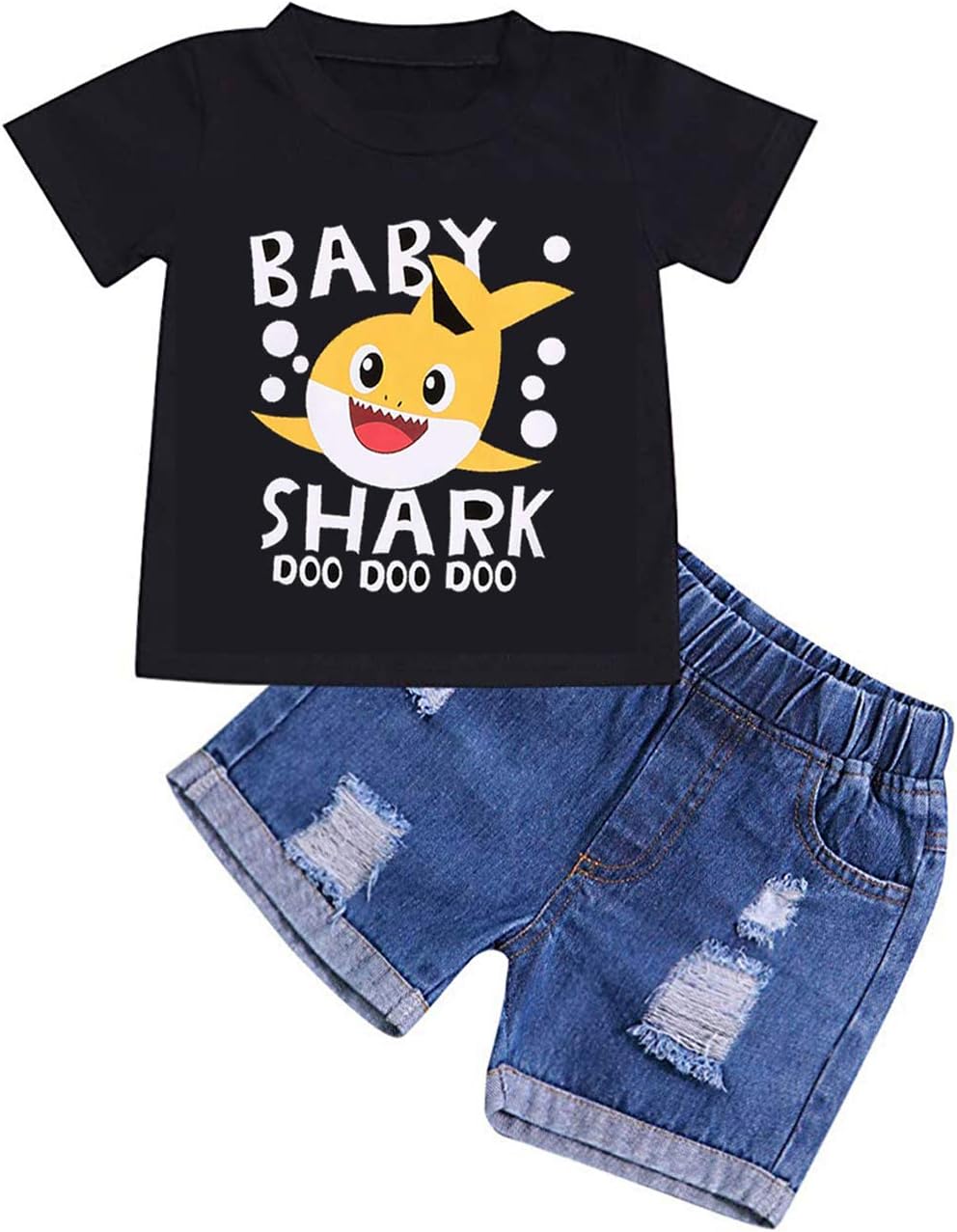 Toddler Baby Boys Girls Outfit Baby Boy Shark Doo Doo Doo Tops Denim Pants Shredded Jeans Clothes Set