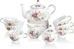 Sweejar Porcelain Tea Set Vintage Floral, British Relief Gold Rim Teapot Cup and Saucer Sets, 22-Piece Tea Sets for Adults, w