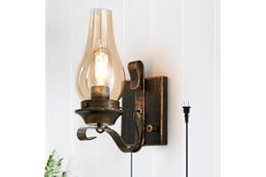 Yisuro Plug in Wall Sconce,Oil Rubbed Bronze Wall Sconces,Retro Rustic Wall Lamps,Sconces Wall Lighting with Amber Glass,Indoor Vintage Bedside Wall Lighting for Living Room Bathroom
