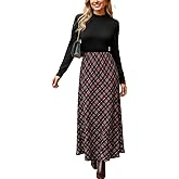 CUPSHE Women's Fall Dresses Plaid Long Sleeves Round Neck Casual Outfits A Line Maxi Dress
