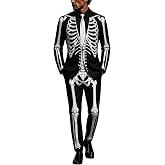 Men's Skeleton Print 3-Piece Suit Set Halloween Costume Blazer Pants Tie | Bone Print Novelty Suit For Men, Day Of The Dead Party Outfit, Dapper Skeleton Blazer With Matching Pants And Necktie