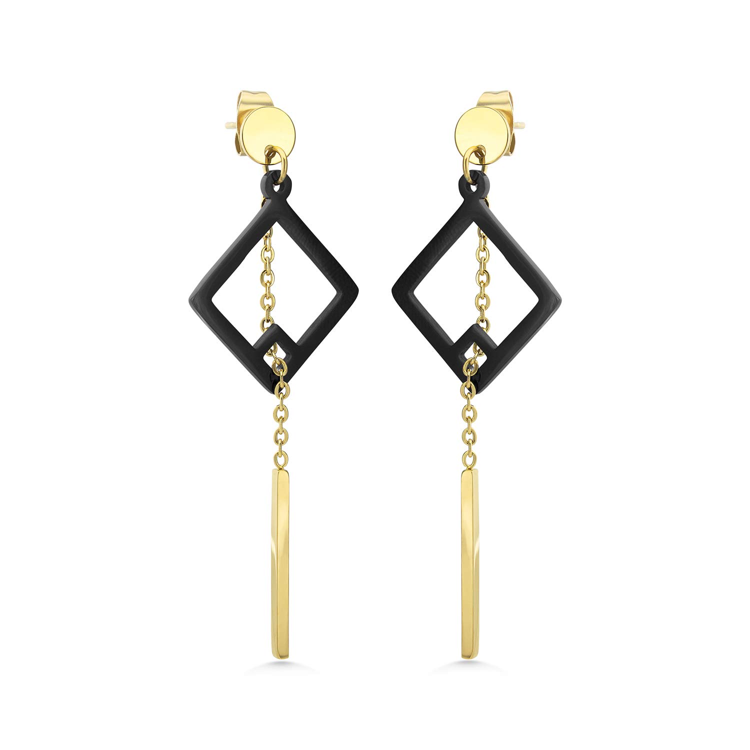 555Jewelry Womens Stainless Steel Delicate Pretty Stylish Long Drop Dangle Diamond Shape Hollow Simple Geometric Earring Hanging Chain Bar Fashion Jewelry Accessory Earrings, Yellow Gold & Black