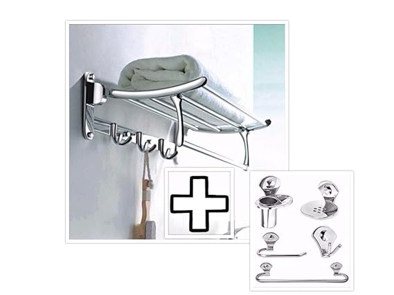 Fortune Stainless Steel 24 Inch Folding Towel Rack with 5 pcs Bathroom Accessories Set (Towel Rod/Napkin Ring/Soap Dish/Tumbler Holder/Robe Hook)