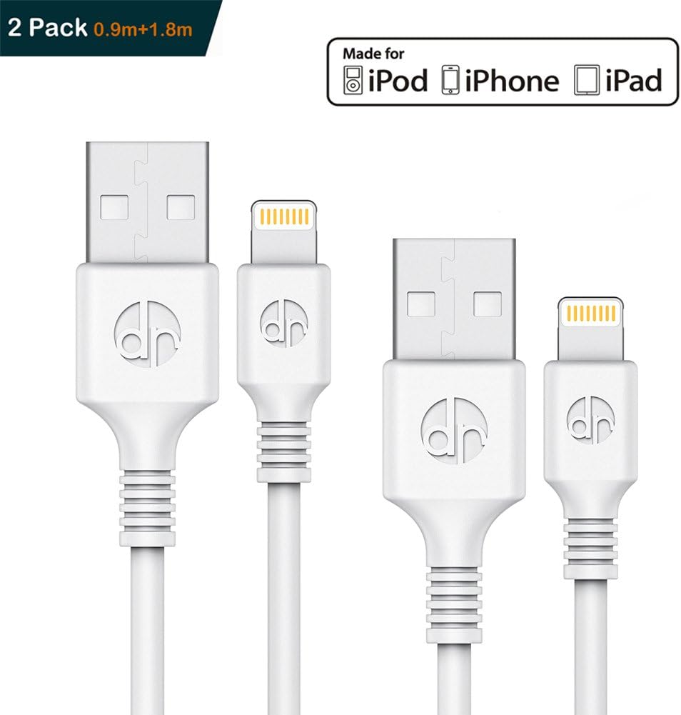 [2-Pack] Lightning Cable [0.9m / 3ft + 1.8m / 6ft] Rock Data Cable MFi certified for iPhone X / 8/8 Plus / 7/7 Plus / 6/6 Plus / 5 / 5S (White)