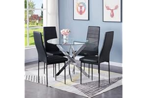 NIERN Round Glass Dining Table Set for 4, 5-Piece Modern Kitchen Table Set with 4 High-Back Upholstered Chair for Kitchen Dining Room (Sliver Table with Black Chairs)