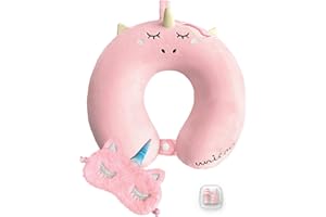 urnexttour Neck Travel Pillow for Kids, Unicorn Airplane Memory Foam Pillow with Cute Sleep Mask & Earplugs, Lightweight Travelling Sleeping Pillow Set for Car, Train, Bus and Home Use (Pink)