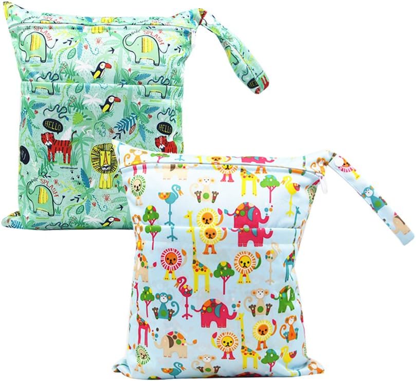 Minuya Baby Diaper Bag Waterproof Zipper Bag Machine Washable Reusable Baby Cloth Wet Bag for Traveling, Swimwear, Wet or Dry Clothes Storage Bag, Yoga, Gym Bag, Hanging Diaper Organizer 2Pcs/Pack