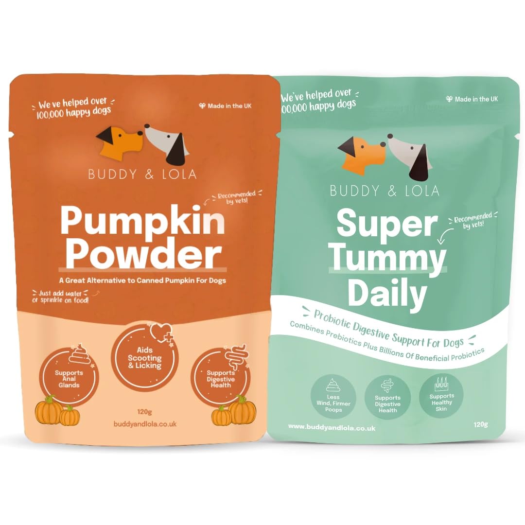 Buddy & Lola Super Pooper Bundle 100% Natural Pumpkin Powder and Probiotics Meal Topper For Dogs, Canned Pumpkin Alternative, High Fibre Supplement For Dogs, Easy To Use Pumpkin Puree For Dogs UK