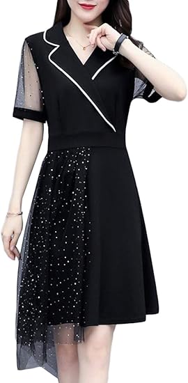 Amazon ｊｑｂｆｌレディース ワンピース 半袖 ひざ丈 フレアワンピース アシンメトリー Vネック きれいめ ドレス 上品 エレガント 黒ワンピース 大きいサイズ パーティー 結婚式 コート ジャケット 通販
