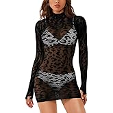 EHSUYAB Women Sexy Leopard Mini Fishnet Bodycon Dress, Long Sleeve Sheer Mesh, Going Out Rave Party Exotic Dancer Outfit 0-14
