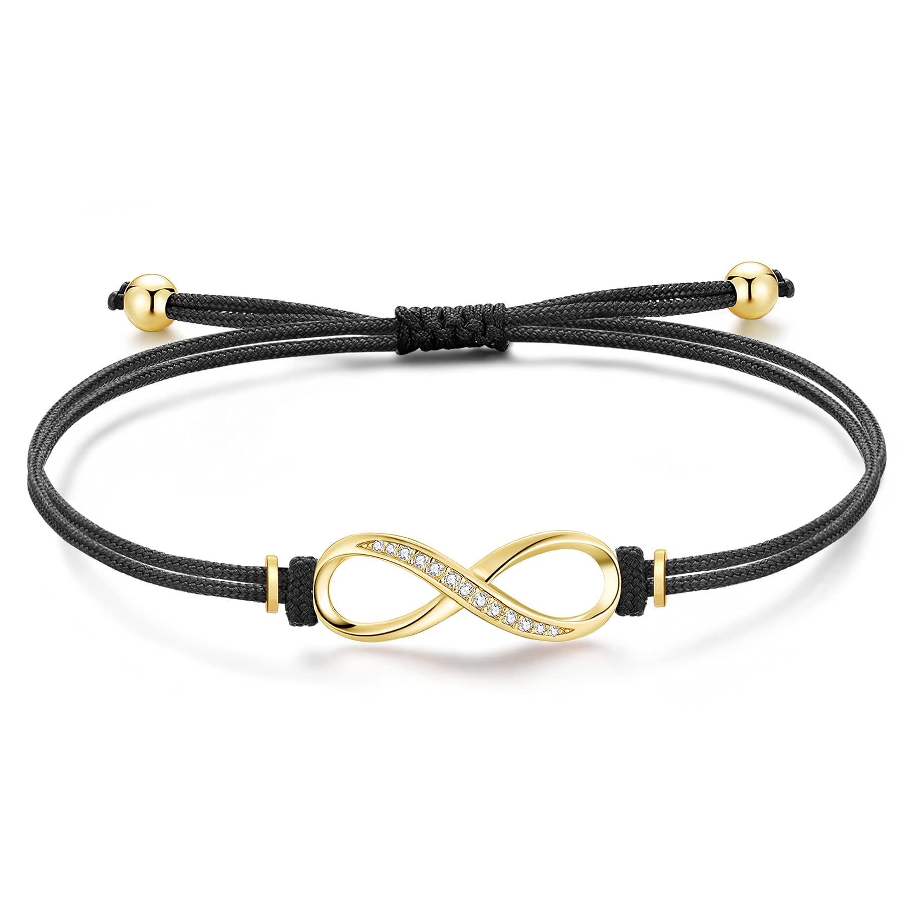 Jrêveinfini Infinity Bracelet for Women Girls Sterling Silver 925 Sister Best Friendship Bracelet Charms Personalised Adjustable Rope Granddaughter Auntie Black String Bracelet Mum Gold