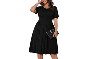 POSESHE Womens Plus Size Summer Dress 2023 Casual Short Sleeve Empire Waist Loose Fit Swing T-Shirt Dress with Pockets