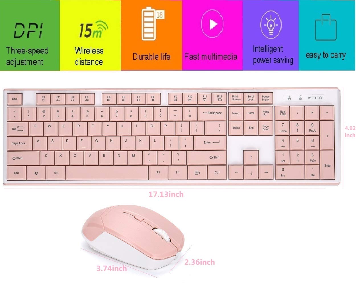 MeToo Wireless Pink Keyboard and Mouse Combo, Ultra-Thin 2.4 USB Mute Keyboard and Mouse Set for Notebook Desktop Computer Office Game Home C160 - Not Included Battery (Pink)