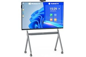 LINGHUFOX 75" Smart Board, 4K Touch Screen Interactive Whiteboard with Windows 11 Pro & Android 14.0, All-in-One Computer with AI Camera and Movable Stand for Classroom and Office