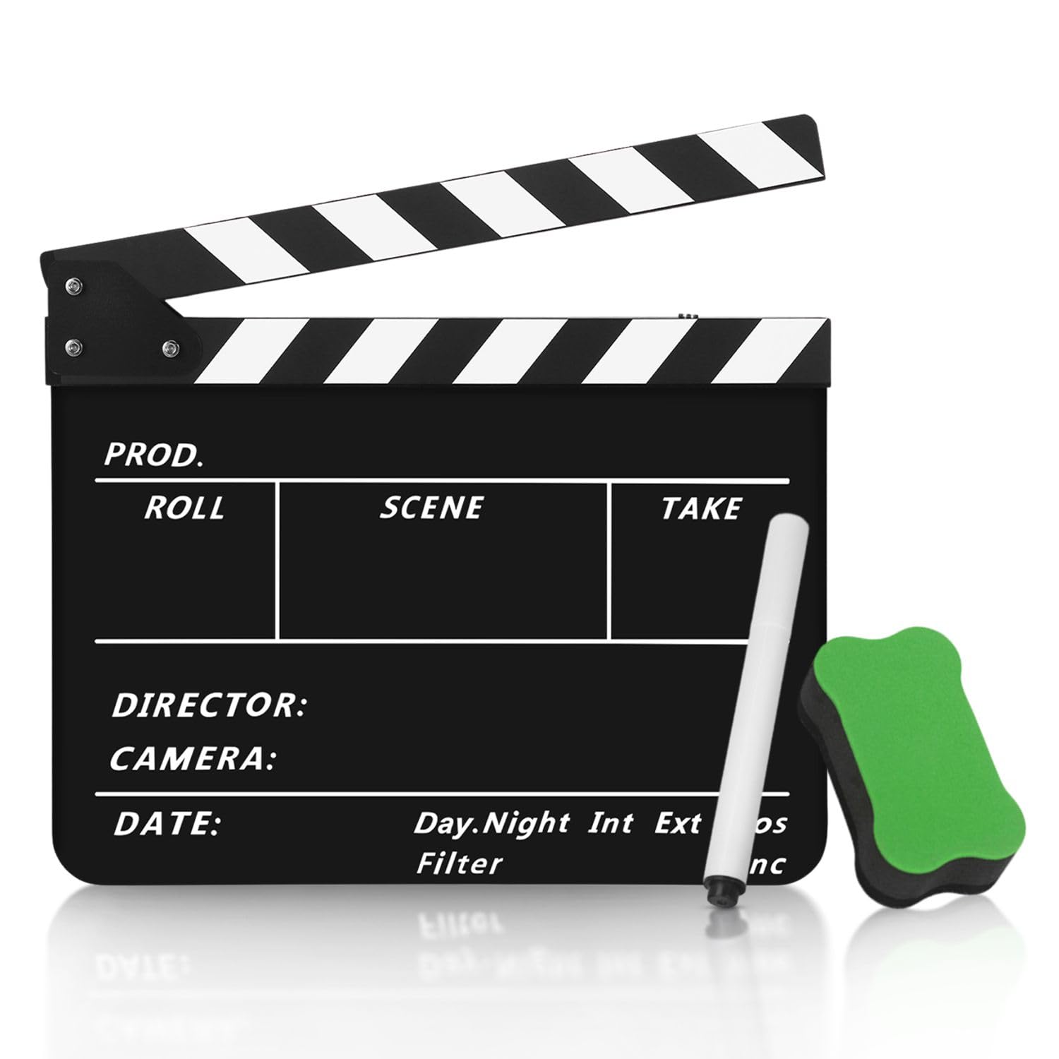 Flexzion Acrylic Plastic Clapboard Director's Clapper Board Dry Erase Cut Action Scene Slateboard for Hollywood Camera Film Studio Home Movie Video 10x12 with Black/White Sticks