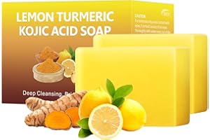 YAFUSIPE Turmeric Kojic Acid Lemon Soap, Kojic Acid Soap Brightening Turmeric Kojic Soap 7OZ/200g Turmeric Soap Bars for Dark Spots Kojic Acid Dark Spot Remover Soap Face Cleanser Body Wash Hand Bath Soap Bars