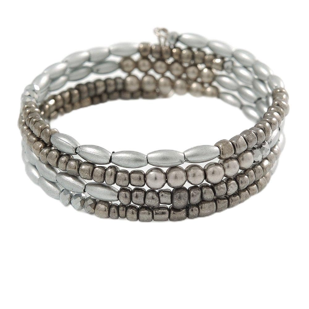 Avalaya Handmade Metallic Silver/Hematite Glass, Acrylic Bead Coiled Flex Bangle Bracelet - Adjustable