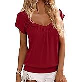 Hongqizo Womens V Neck T Shirts Cap Sleeve Summer Casual Shirts Banded-Bottom Loose Fit Basic Tops