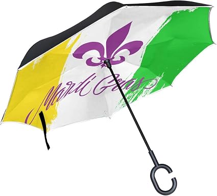 Double Layer Inverted Mardi Gras Greeting Card With Fleur De Lis Sign An Umbrellas Reverse Folding Umbrella Windproof Uv Protection Big Straight Umbrella For Car Rain Outdoor With C Shaped Handle Umbrellas