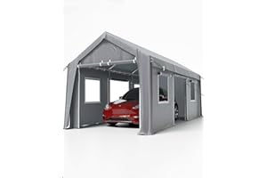 DEXSO Carport 10'x20' Portable Garage, Heavy Duty 200 GSM Waterproof Canopy, with 4 Roll-Up Doors, and 4 Windows, for Pickup Truck, and Boat, Silver Gray