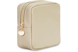 Wandering Nature Small Makeup Bag for Purse Mini Make up Pouch Cute Cosmetic Pouch for Women with Slip-in Pockets Matte Leather, Beige