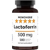 MONOHERB Pure Lactoferrin 500 mg - 180 Veg Capsules - 180 Servings - Additives Free