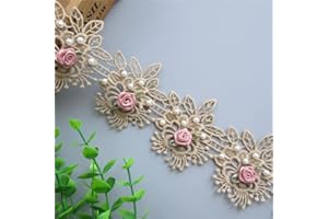 SHBBON 1 Yard Vintage Cotton Eyelash Pearl Flowers Leaf Embroidered Lace Trim Fabric Floral Appliques Lace Ribbon Bridal Ornaments Handmade DIY Sewing Supplies Craft for Costume Hat Decoration (Gold)