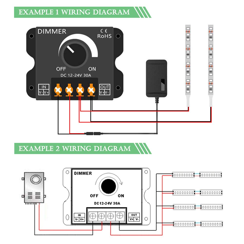 InduSKY Upgraded LED Dimmer PWM 12V-24V 30A Lighting Dimming Controller Single Channel + 5M 22AWG Extension Cable for Led Strips 3528 5050 Single Color + DC Power Cable 12V Plugs Female Connector: Industrial & Scientific