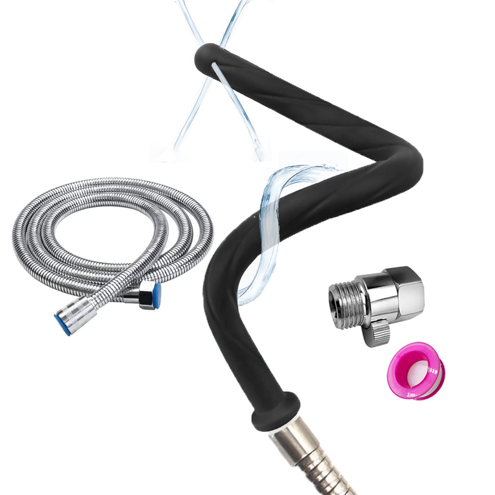 Shower and Enema Set 4 Hole Sprayer, Flexible Inlet Hose Silicone Comfortable Nozzle Enema Attachment for Men and Women 42 cm + 150 cm Hose (Black)