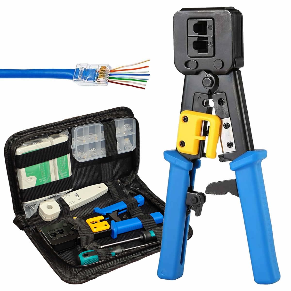 JUSTOP RJ45 Ethernet Network Tool Kit, Including Pass Through Crimping Crimper, Cable Tester, Stripper Cutter, Punch Down Tool, and Screw Drivers 10x RJ11/RJ45 Connectors With Holder Case
