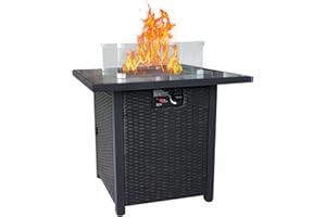 OPHELIAN Outdoor Wicker Rattan Fire Pit Set, Gas Patio Fire Pit with Glass Wind Guard, CSA Certification, 28" Inch 50,000 BTU Auto-Ignition, Best Companion for Outdoor Patio Set Garden Patio Backyard, Brown