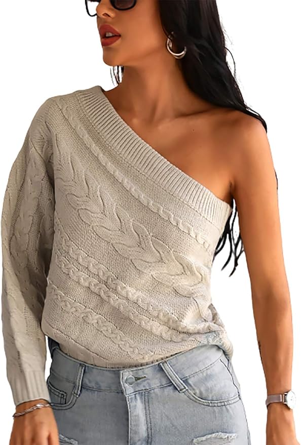 CHICME Damen Pullover Eine Schulter Strickpullover Langarm Sweatshirt Sexy Frauen Oberteil für