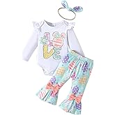 Ayalinggo Newborn Baby Girl Easter Outfit Ruffle Sleeve Love Easter Eggs Romper Bell Bottom Pant Set Spring Headband Clothes