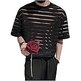 RoseSeek Men's Sheer Mesh Tee Shirt Striped Short Sleeve Crewneck See Through T Shirt Summer Tee Tops