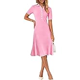 MEROKEETY Women's 2026 Summer V Neck Ribbed Midi Dress Short Sleeve Button Elegant Bodycon Knit Sweater Dresses