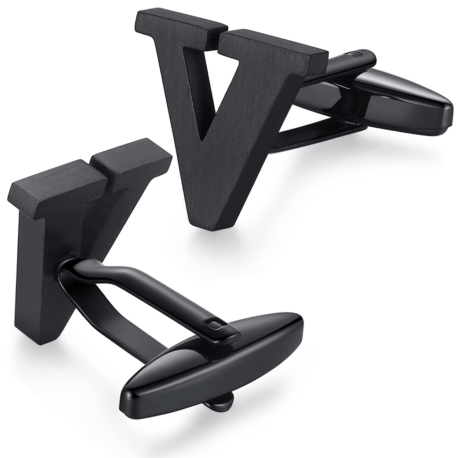 HONEY BEAR Mens Initial Alphabet Letter Cufflinks,Stainless Steel for Wedding Formal Business Gift (V-Black)