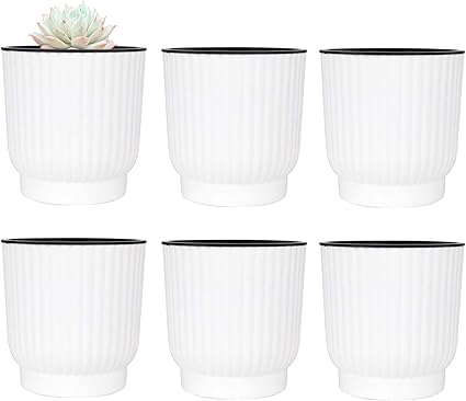 6pcs Bac à Fleurs Auto-Irrigation Plastique Rond - Blanc, Pot Avec
