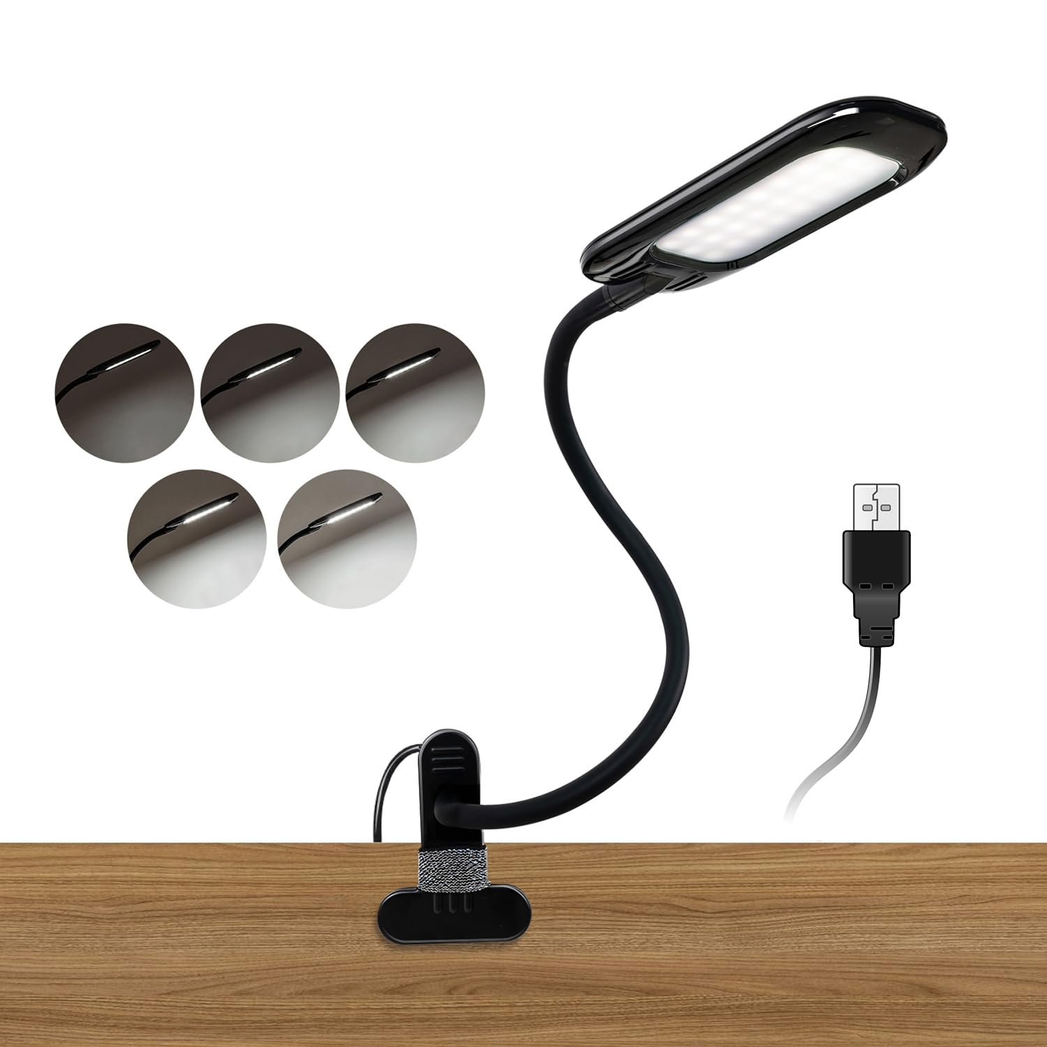 Clip Lights,USB Powered Clip On LED Desk Lamp,Eye Caring Dimmable 8w Bedside Book Light for Reading in Bed,40cm Long Gooseneck Clamp Lamp for Dorm/Lash/Gaming/Puzzle Art Drawing(Adapter Included)