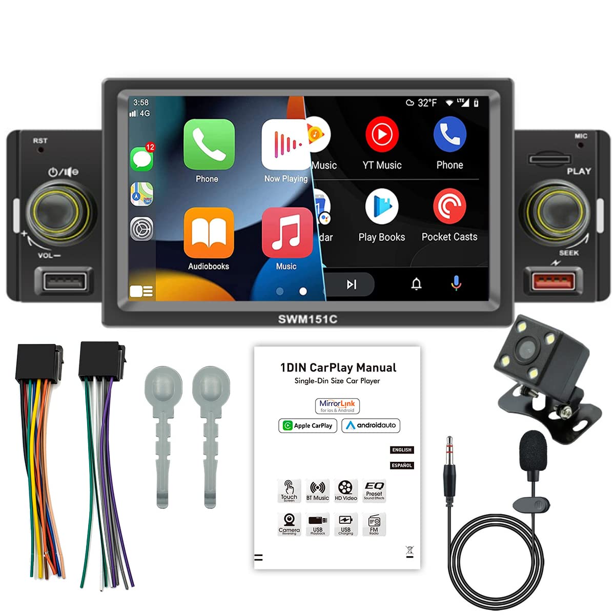 Compatible with Apple CarPlay Android Auto Single Din Car Stereo Bluetooth 5 Inch Touchscreen Car Radio with FM Radio Mirror Link USB TF Car MP5 Player with 4LED Reverse Camera and SWC