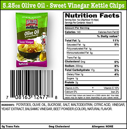 Boulder Canyon Kettle Cooked Potato Chips, Cooked in 100% Olive Oil, NON-GMO Verified, Gluten Free, Sweet Vinegar, 5.25 Ounce One 5.25 Ounce Bag