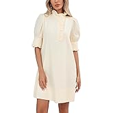 YEXPINE Women's Puff Short Sleeve Stand Ruffle Collar Summer Dress Casual A Line Shift Mini Dress with Pockets
