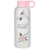 Christian Art Gifts Inspirational BPA-Free Frosted Glass Reusable Water Bottle for Women: Walk by Faith Bible Verse, Twist Cap Lid, Carry Handle Loop, Cute Light Pink Multicolor Golden Floral, 17 oz.